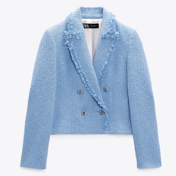 Zara Blazer Jacket Cropped Tweed Blue Preppy Blogger Fav Women’s Size s - Picture 2 of 10